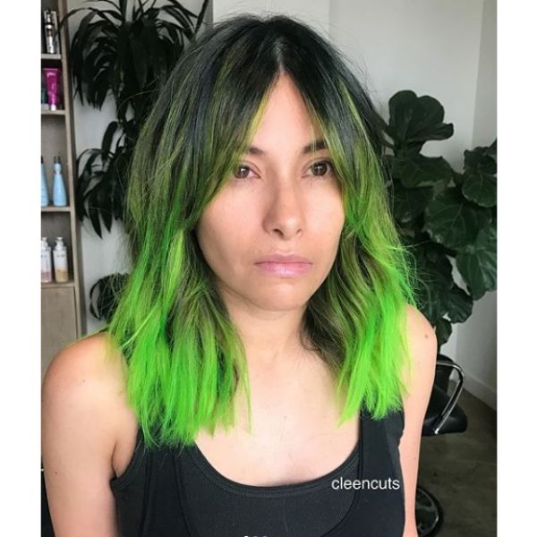 Long Bob Hairstyle with Fresh Green Highlights