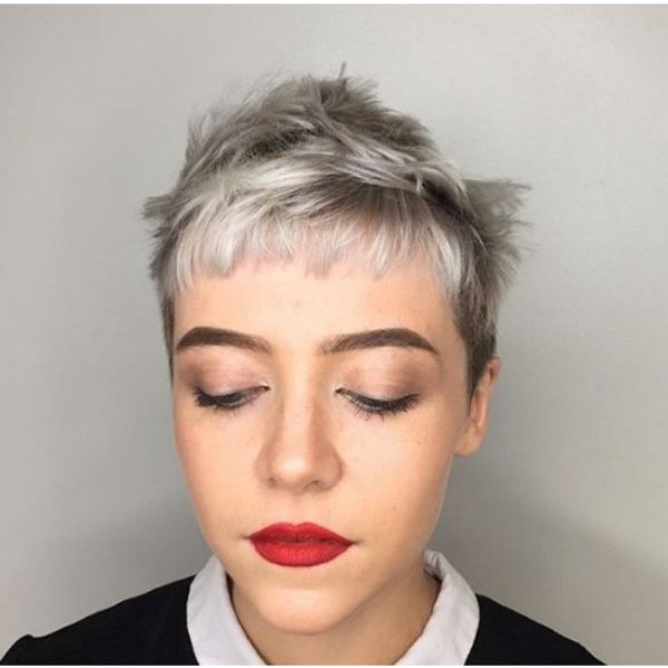 Messy Silver Pixie Cut with Straight Bangs Hairstyle