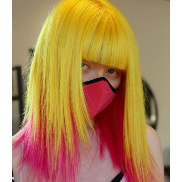 Straight Bright Blonde Mid Length Hairstyle with Pink Tips