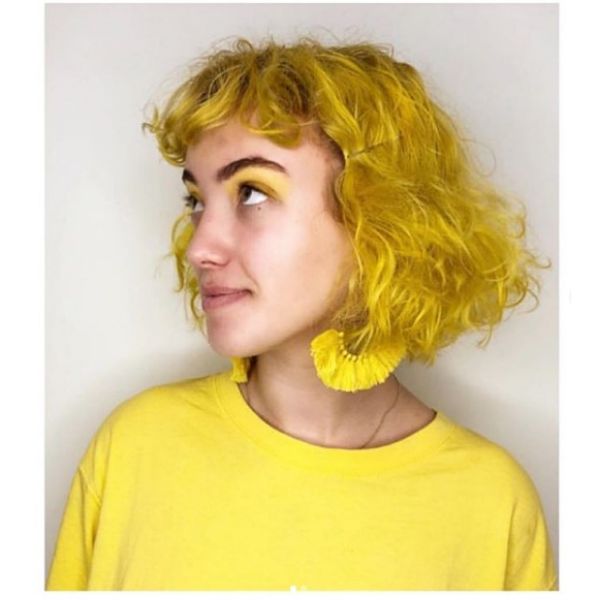 Sunflower Yellow Curly Bob with Bangs