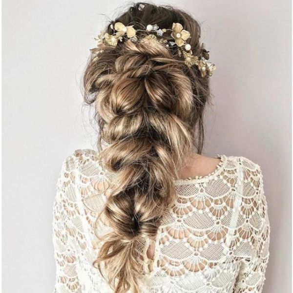 Thick Romantic Braided Hairstyle with Floral Crown