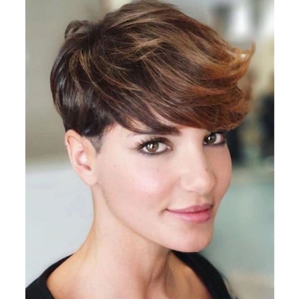 Warm Balayage Hairstyle with Soft Pixie Cut
