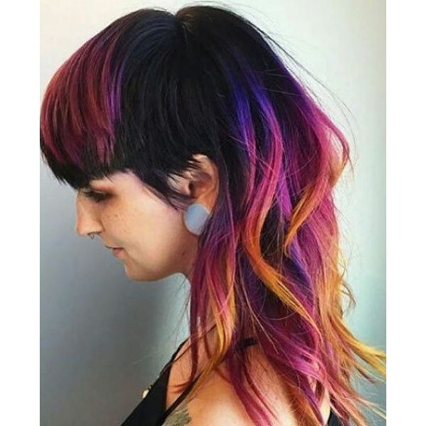 Wavy Shag Mullet Hairstyle with Purple Orange Strands