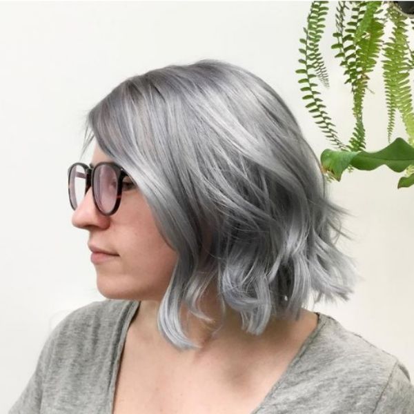  Ashy Gray Hairstyle with Waves Haircut