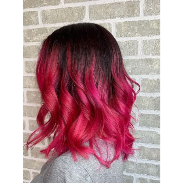Hot Pink Long Bob with Dark Roots Hairstyle
