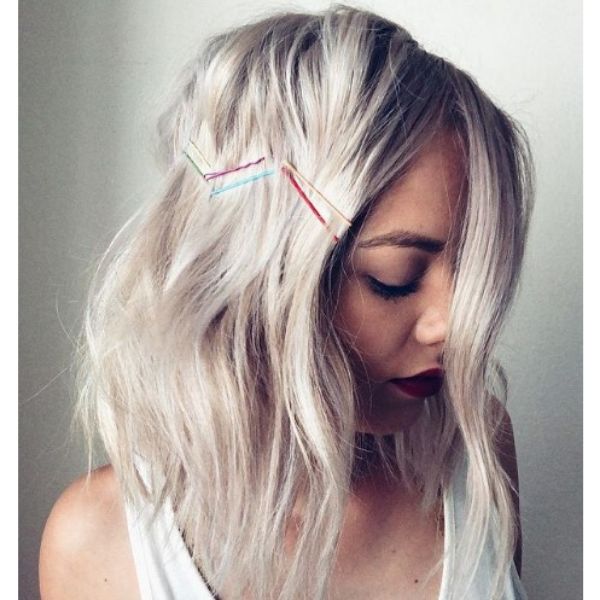 Ashy Blonde Lob Haircut with Colorful Hairpins