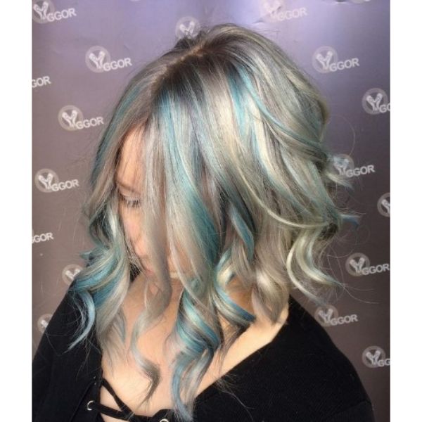 Medium Long Platinum Blonde Hairstyle with Teal Blue Highlights