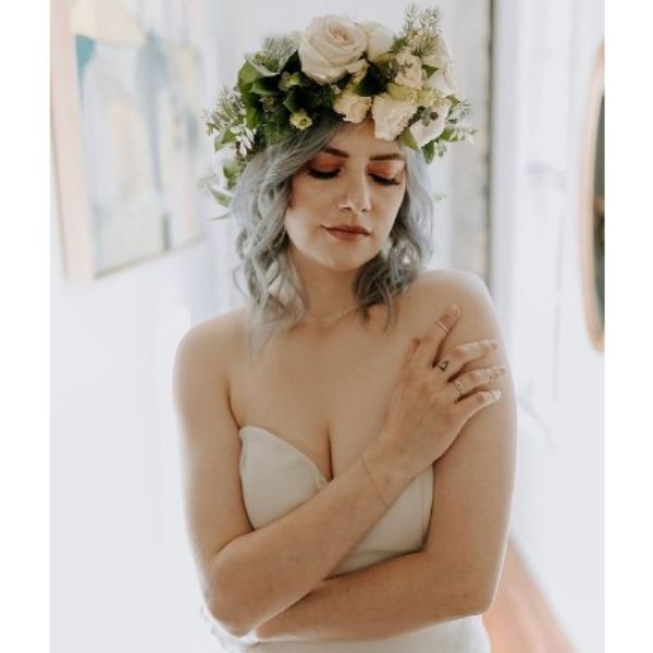 Ashy Blonde Wedding Hairstyles For Medium Hair With Flowers Crown
