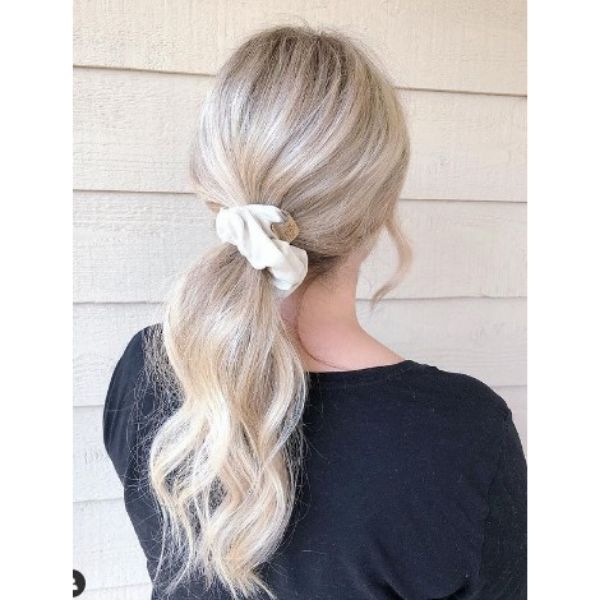  Blonde Low Ponytail With White Scrunchie