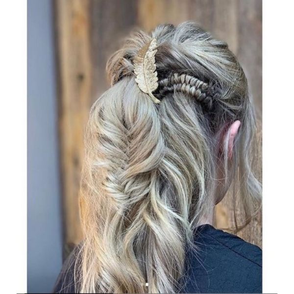 Bohemian Festival Hairstyle With Braids and Golden Accessories For Long Thin Blonde Hair
