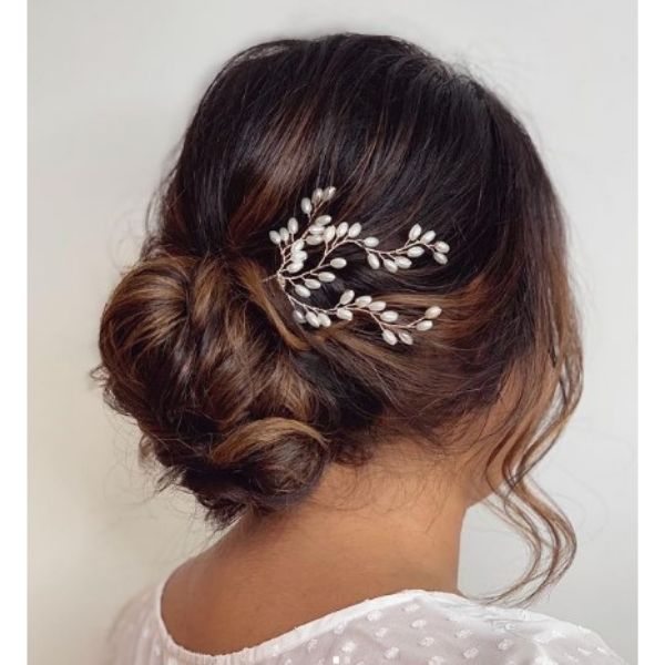 Chocolate Brown Messy Updo With Flower Vine
