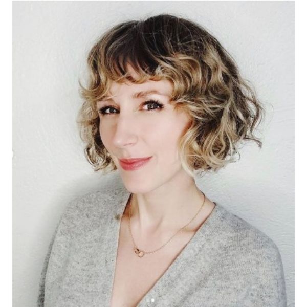 Curly French Bob For Short Hair With Blonde Balayage