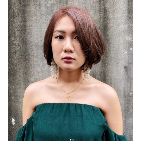  Dark Red Chin Length Bob With Deep Side Part