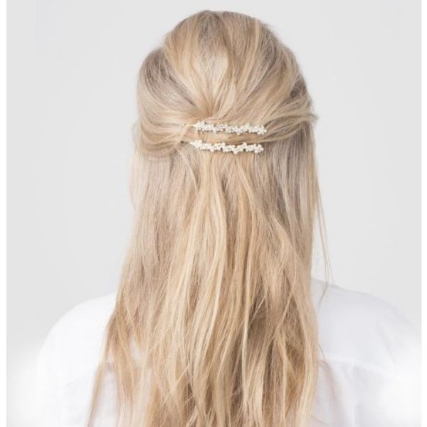 Elegant Half Updo For Thin Blonde Hair With Sparkling Hair Accessories