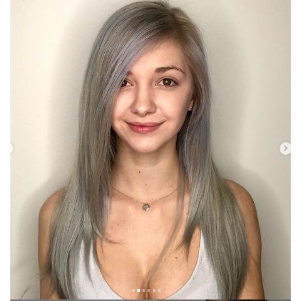 Long Layered Blonde Thin Hair With Subtle Blue Highlights