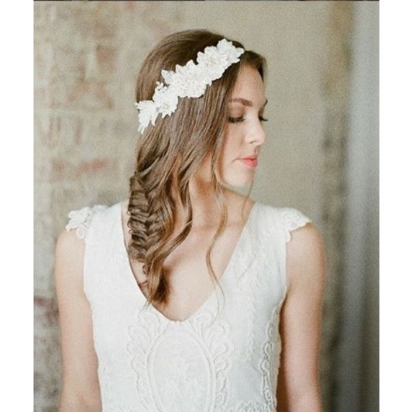 Loose Fishtail With Lace Headband And Falling Pieces For Medium Hair