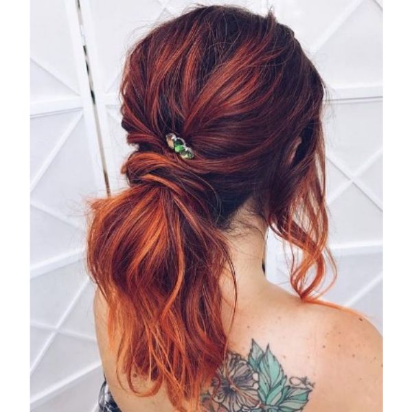  Messy Red Ponytail With Jewel Pin For Medium Hair