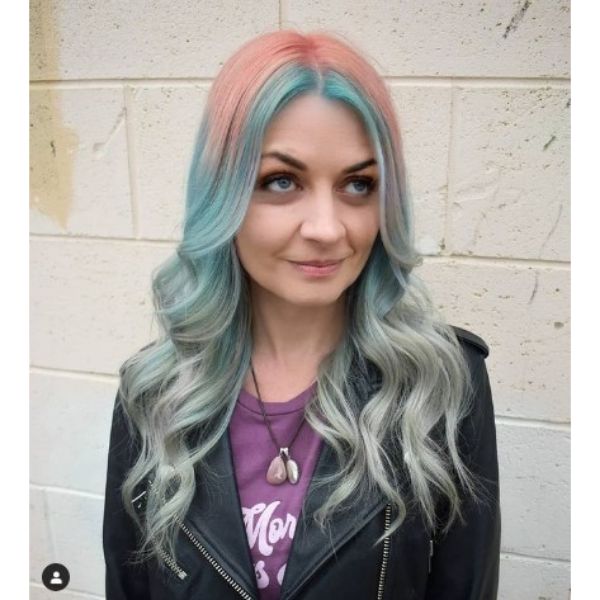 Peach To Blue Color Melt For Long Layered Thin Hair With Waves