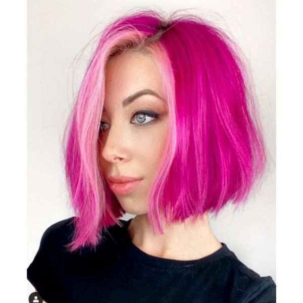  Pink Magenta Textured Bob With Side Part Haircut For Oval Face And Thin Hair