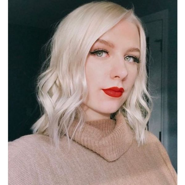 Platinum Blonde Lob With Side Part Hairstyle