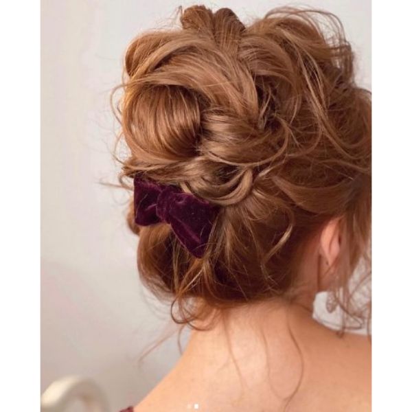  Red Soft Updo Wedding Hairstyle For Medium Hair With Velvet Ribbon