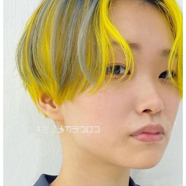Short Bowl Cut With Yellow Grey Thin Strands