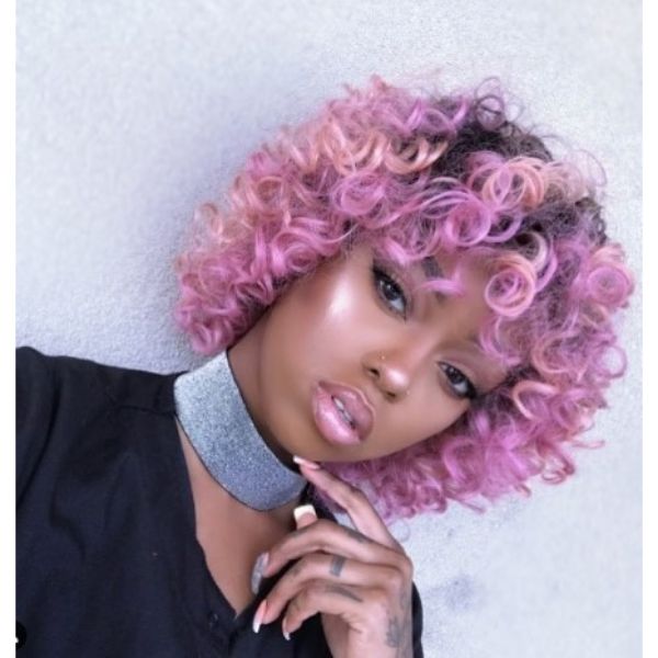  Short Curly Haircut With Lavender Pink Shades