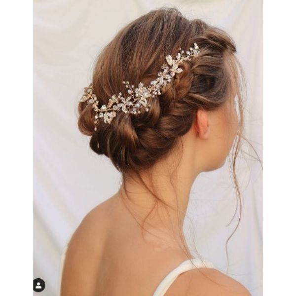 Side Braid Wedding Hairstyle With Rose Gold Vine