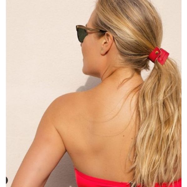 Textured Ponytail With Red Leather Band For Thin Blonde Hair