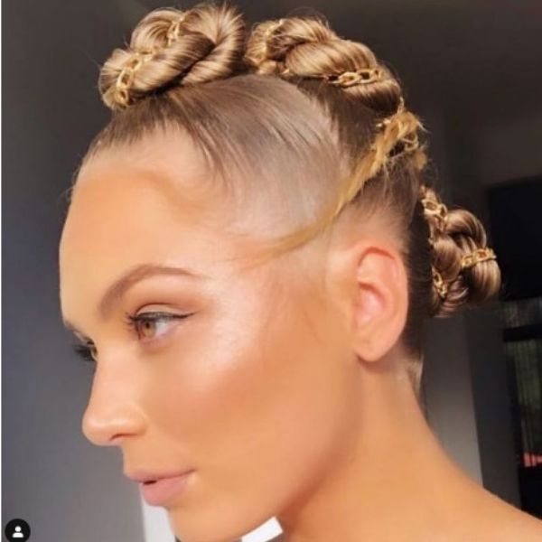 Twisted Knots Hairstyle With Golden Chain Faux Hawk For Thin Hair