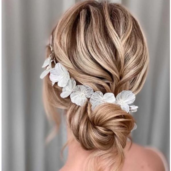Twisted Undone Low Bun With Silver Floral Vine