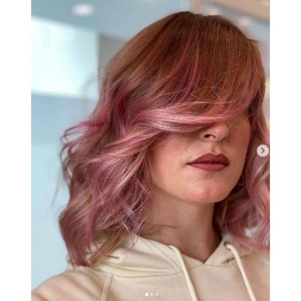 Wavy Feathered Pink Lob Cut With Side-swept Bangs For Thin Hair