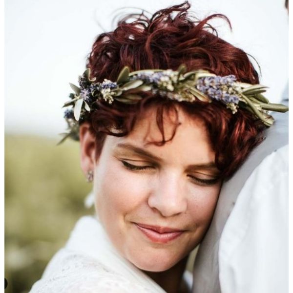 a woman with Messy Red Pixie With Lavender Flower Crown