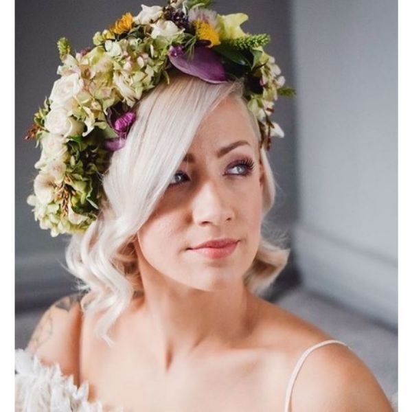 a woman with Platinum Blonde Bob With Flower Crown