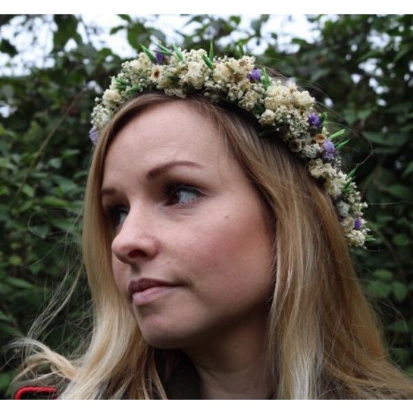 a woman with Short Bob With Dried Flowers Crown
