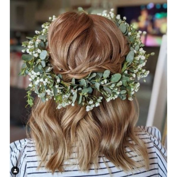 a woman with Short Bridal Updo With Braid And Flower Crown