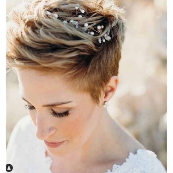 a woman with Short Spiky Pixie wedding hairstyles for short hair With Hair Clip