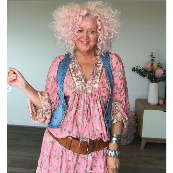 Bohemian Messy Pink Curly Hairstyle For Older Women