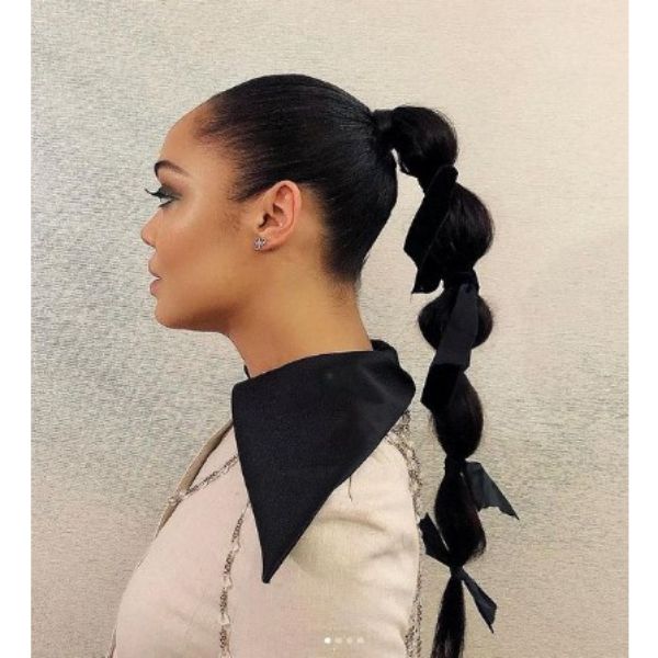 Bubble Ponytail With Black Ribbons And Sleek Top Hairstyles For Black Hair