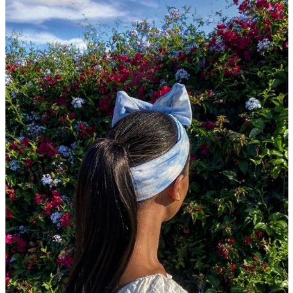 Low Ponytail With Blue Headscarf Hairstyle For Black Hair