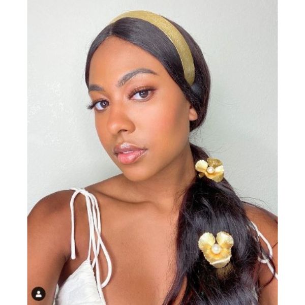 Low Side Ponytail With Golden Floral Accessories
