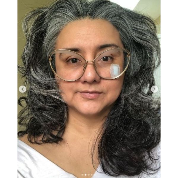 Medium Long Silver Gray Hairstyle With Messy Curls