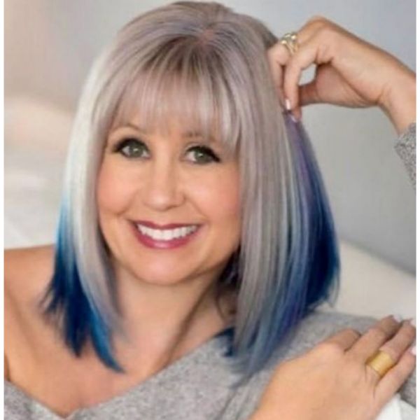 Silver Blonde Lob With Blue Highlights Hairstyle
