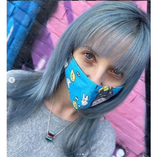 Silver Blue Medium Hairstyle With Straight Bangs