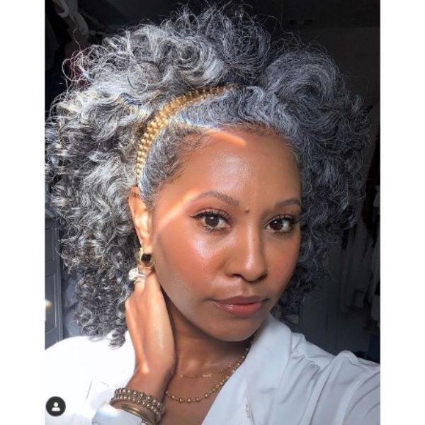  Silver Gray Afro Hairstyle With Golden Headband
