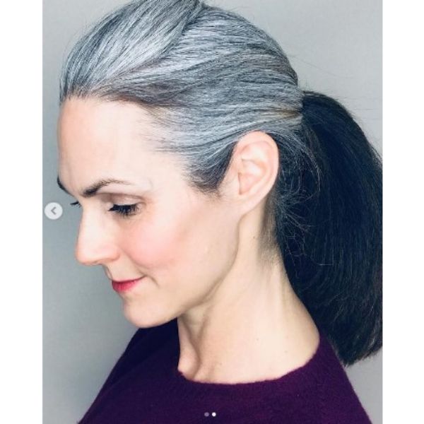 Silver Gray Ponytail Medium Hairstyle For Older Women
