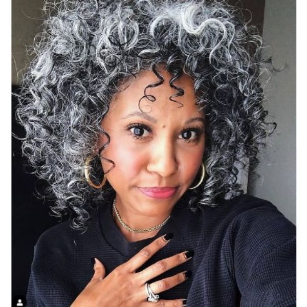 Silver Grey Curly Perm Medium Hairstyle For Older Women