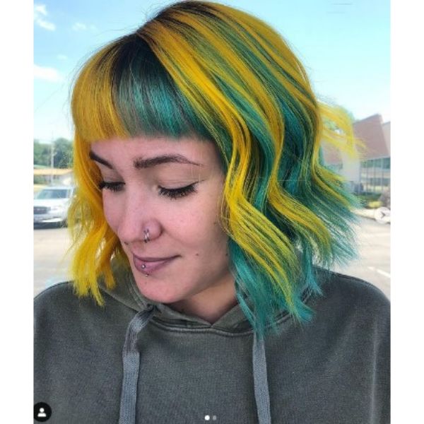 Yellow Teal Colored with Straight Bangs