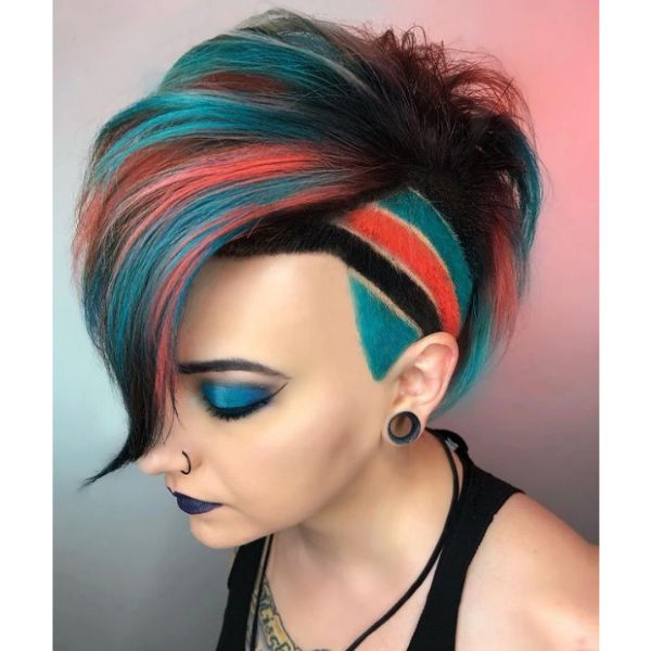  Short Undercut Colored With Bright  Orange Teal Stripes