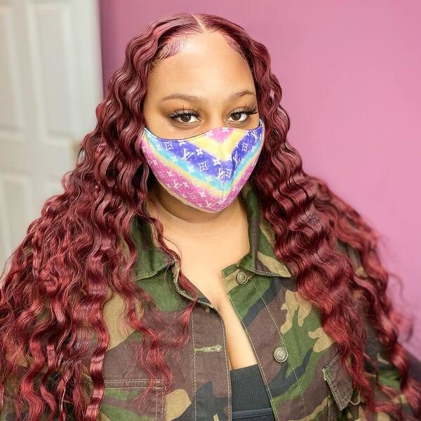 Crimped Reddish Brown for Baddie Hairstyle - a woman wearing a face mask